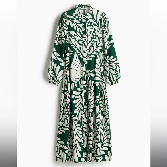 H&M Green and White Leaf Print Long Sleeve Dress Puff-Sleeve - Picture 1 of 12
